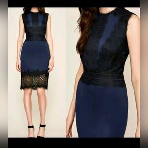 Tadashi Shoji Cocktail Dress Size 12 Neoprene Stretch Scuba Blue Black Lace Trim